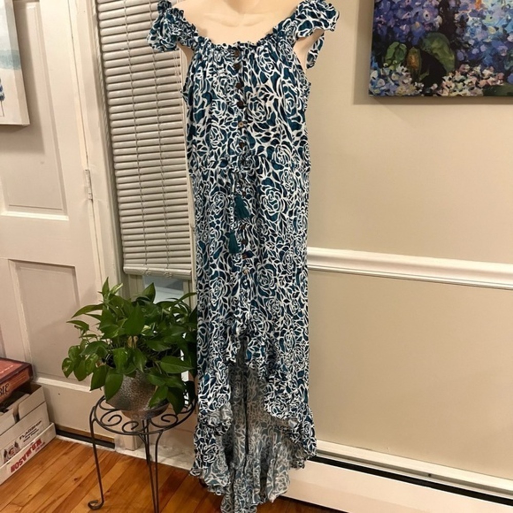 Tiare Hawaii Blue and White High Low Dress Tropical Pattern O/S